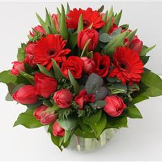 Red Tulip &amp; Gerbera Vase Arrangement
